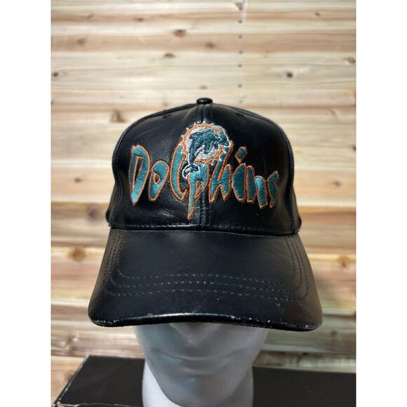 VTG Miami Dolphins Leather Snapback Hat Graffiti Script NFL Black Drew Pearson